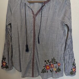 Ruff Hewn Navy Striped Blouse with Floral Embroidery